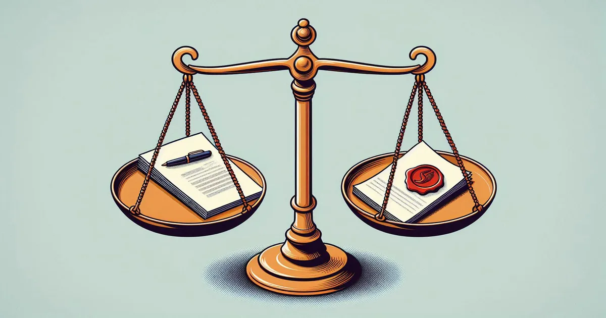 O balanță stilizată în care, pe un taler, se află un stilou pe un document, iar pe celălalt taler, un document cu sigiliu de ceară și ștampila unui notar
