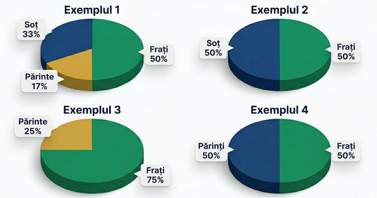 Exemple grafice de împărțire a moștenirii între soțul supraviețuitor, părinți și frați