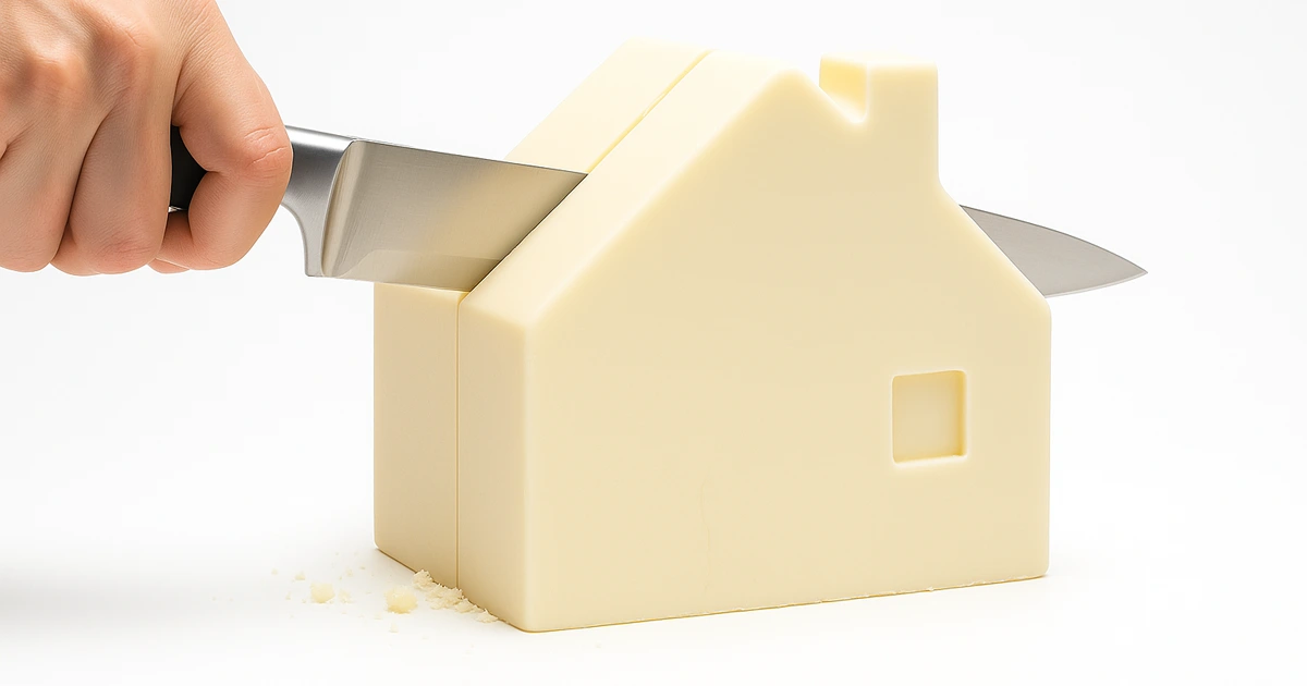 Un tort de ciocolată albă în formă de casă este tăiat în două bucăți cu un cuțit