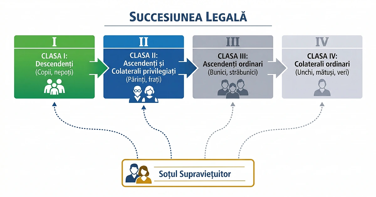 Schemă ilustrând cele 4 clase de moștenitori legali și poziția soțului supraviețuitor la succesiune